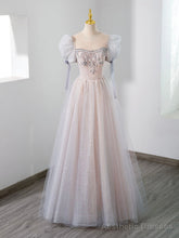 Cute Tulle Beaded Long Prom Dress, A-Line Short Sleeve Evening Dress